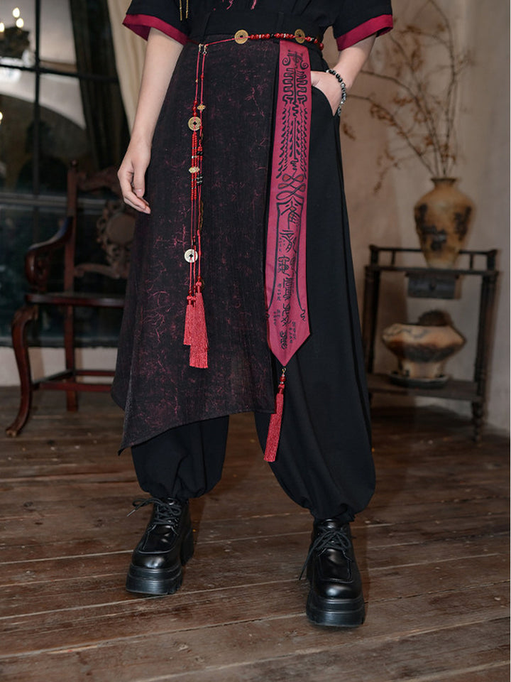 Chinese-Inspired Asymmetric Skirt-Overlay Harem Pants