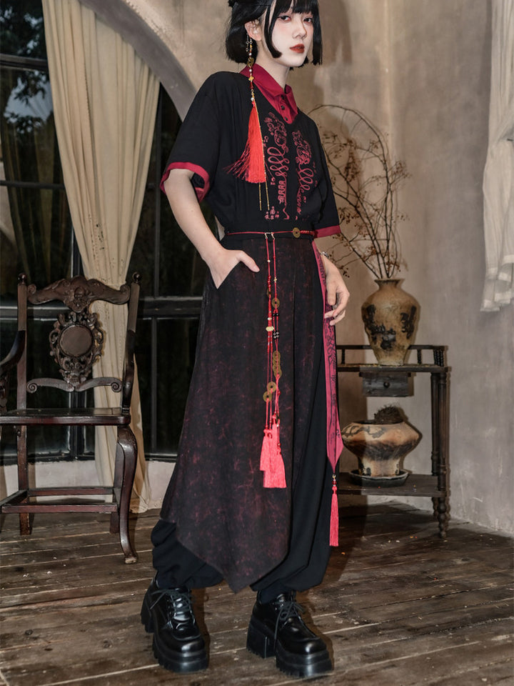 Chinese-Inspired Asymmetric Skirt-Overlay Harem Pants