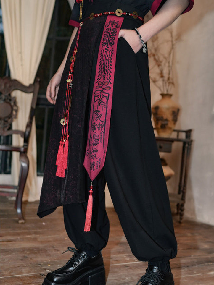 Chinese-Inspired Asymmetric Skirt-Overlay Harem Pants