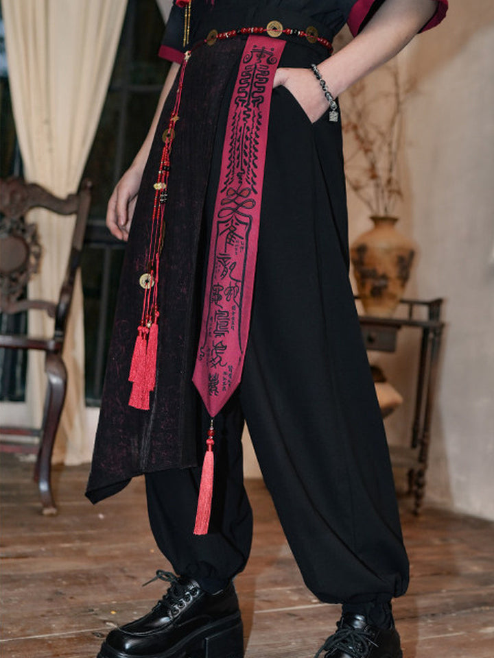 Chinese-Inspired Asymmetric Skirt-Overlay Harem Pants