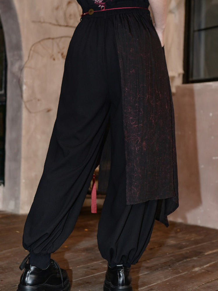 Chinese-Inspired Asymmetric Skirt-Overlay Harem Pants