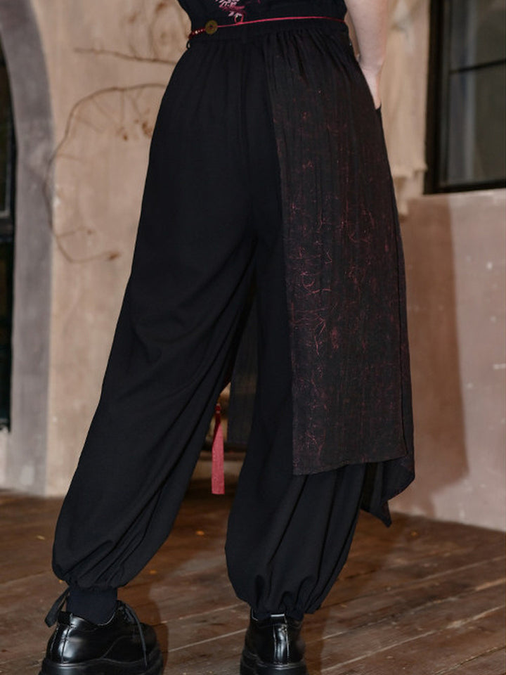 Chinese-Inspired Asymmetric Skirt-Overlay Harem Pants