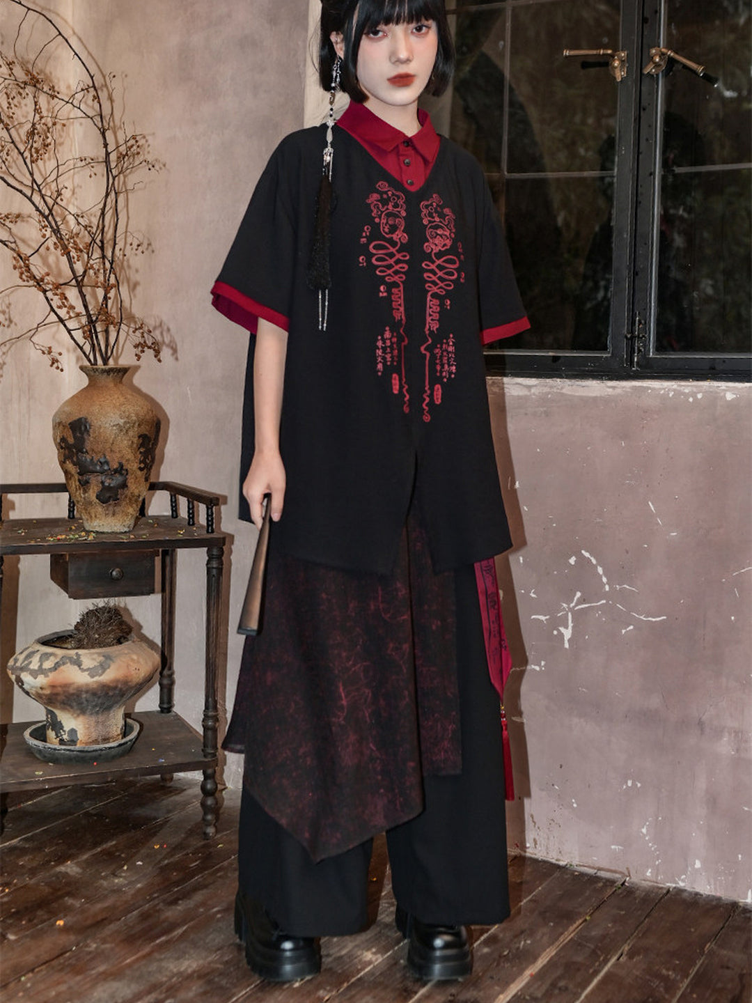 Chinese-Inspired Asymmetric Skirt-Overlay Harem Pants