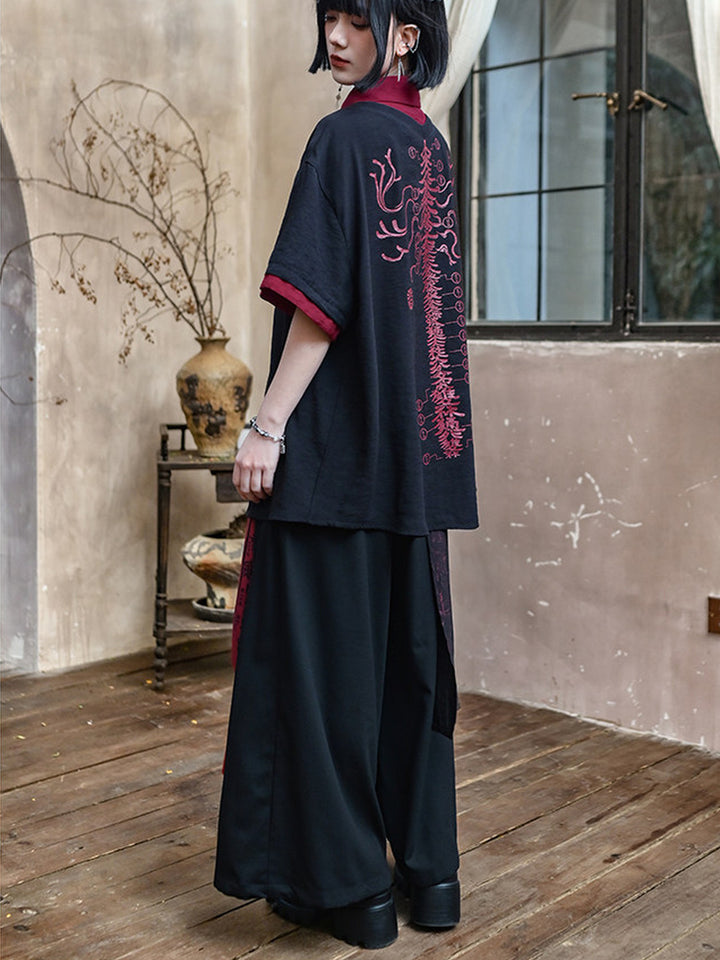 Chinese-Inspired Asymmetric Skirt-Overlay Harem Pants