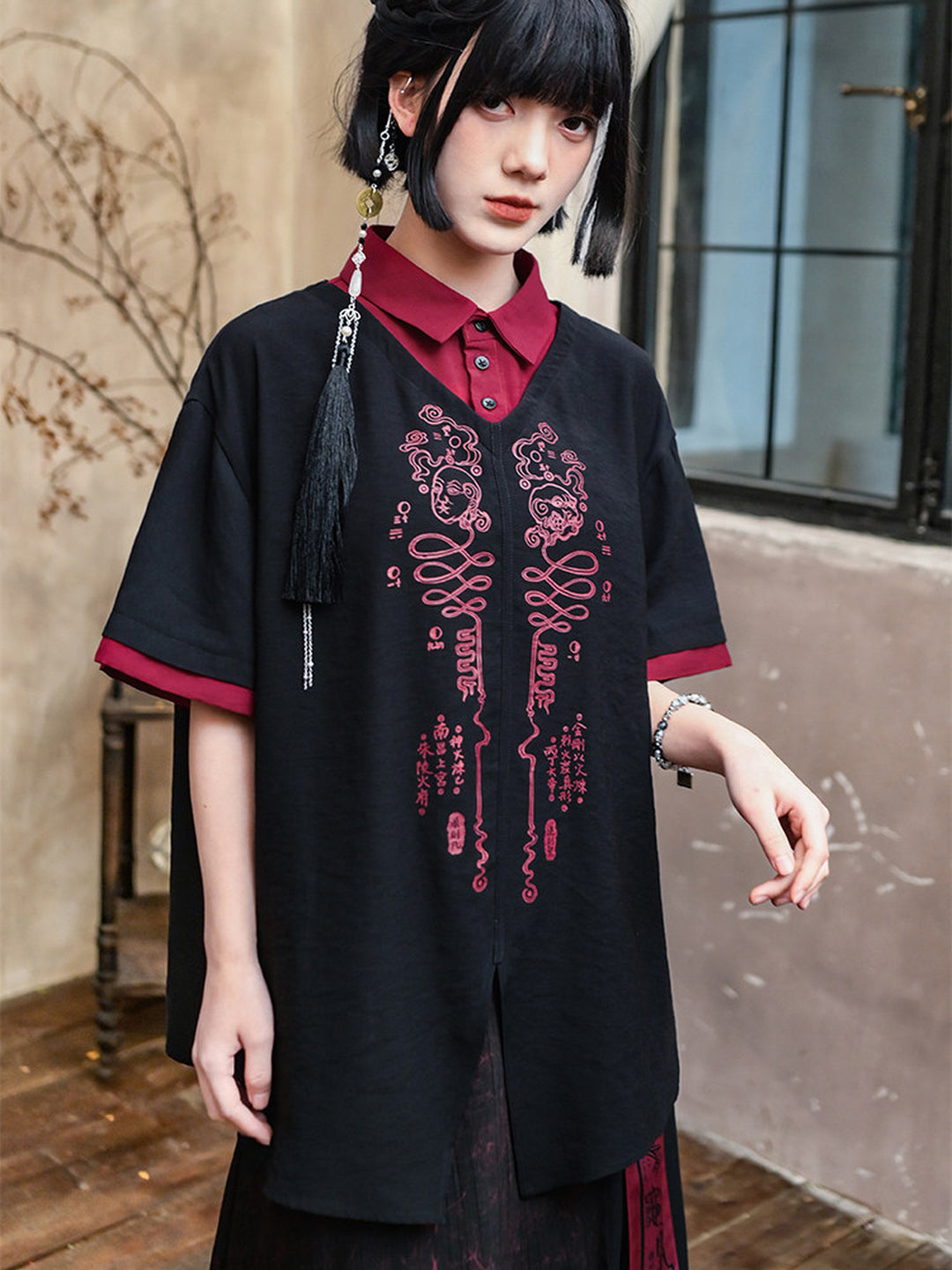 Chinese-Inspired Skeleton Graphic Shirt