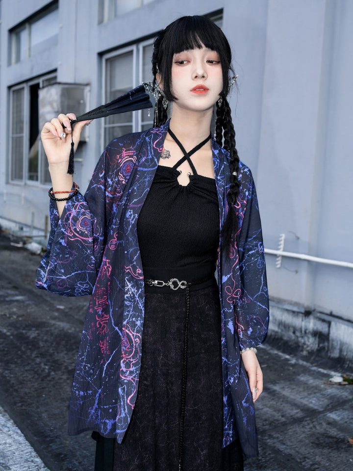 Hanfu-Inspired Printed Chiffon Cardigan