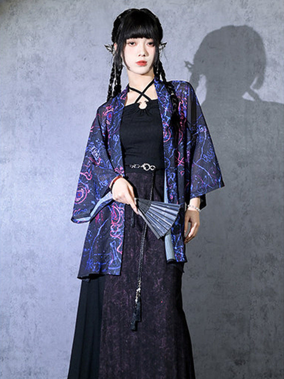 Hanfu-Inspired Printed Chiffon Cardigan