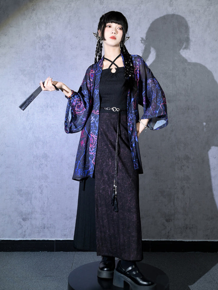 Hanfu-Inspired Printed Chiffon Cardigan