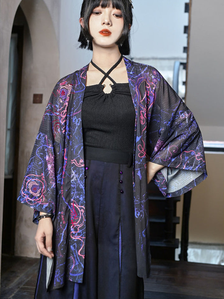Hanfu-Inspired Printed Chiffon Cardigan