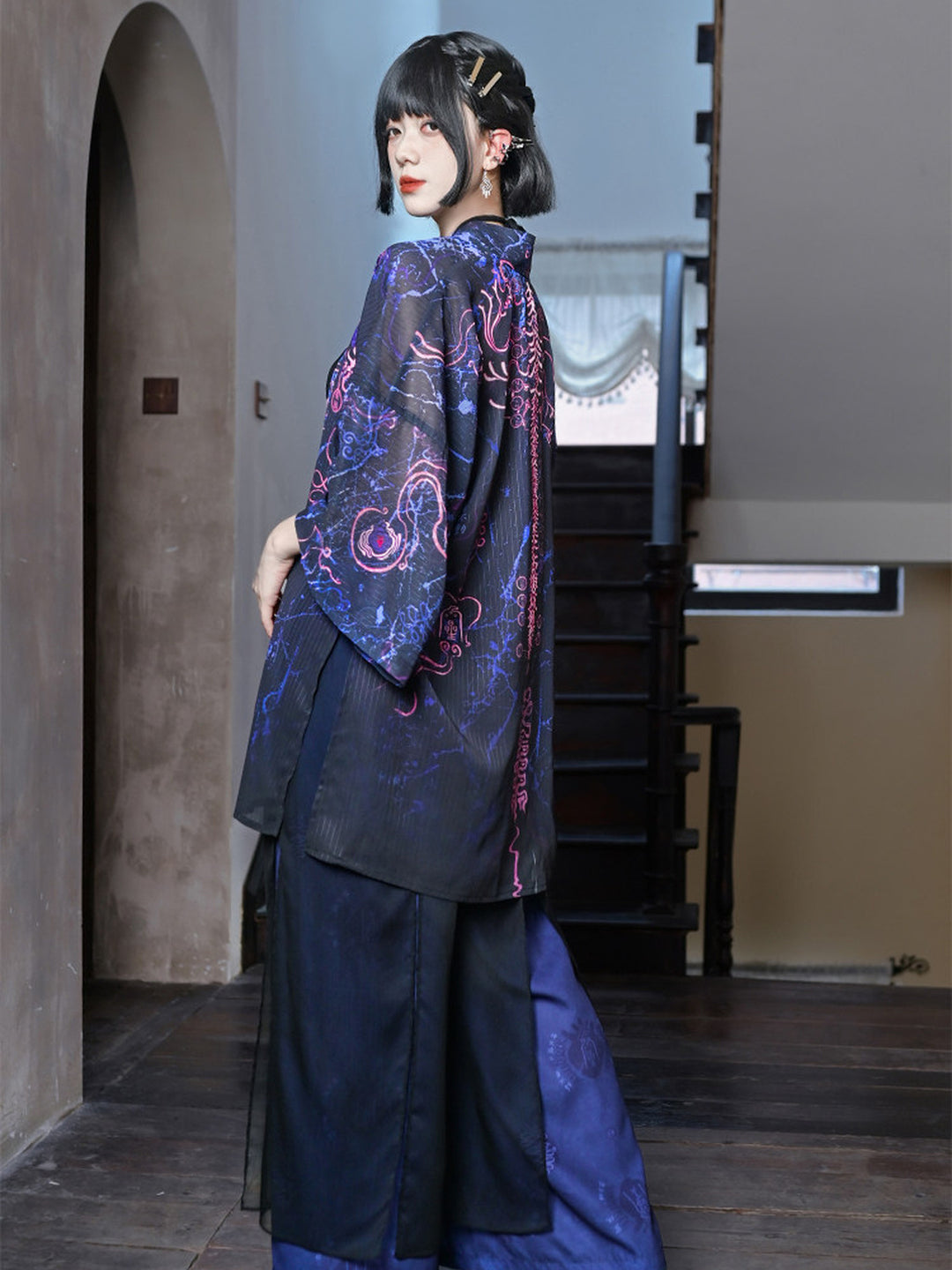 Hanfu-Inspired Printed Chiffon Cardigan