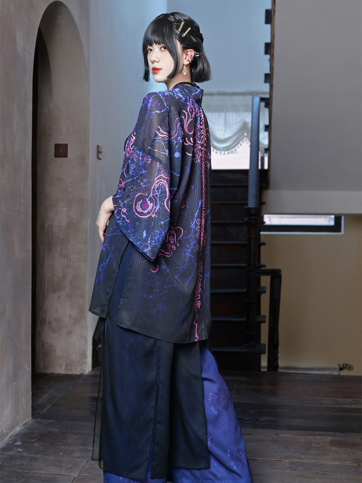 Hanfu-Inspired Printed Chiffon Cardigan