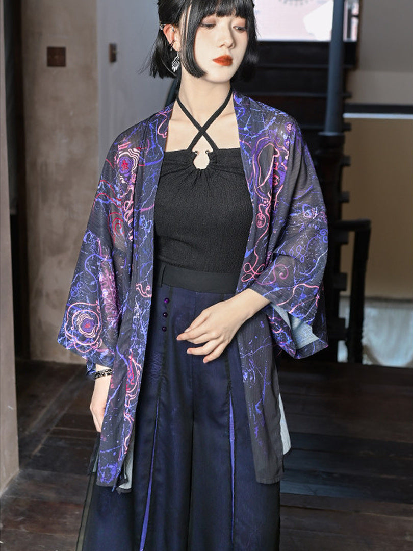 Hanfu-Inspired Printed Chiffon Cardigan