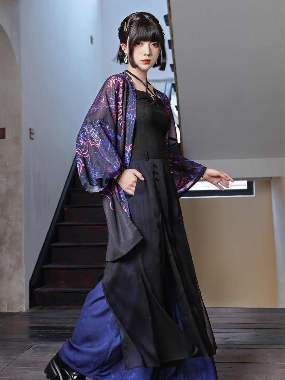 Hanfu-Inspired Printed Chiffon Cardigan