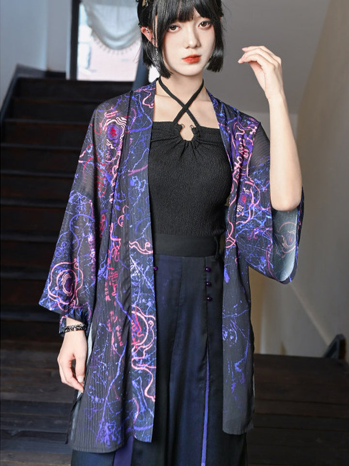 Hanfu-Inspired Printed Chiffon Cardigan