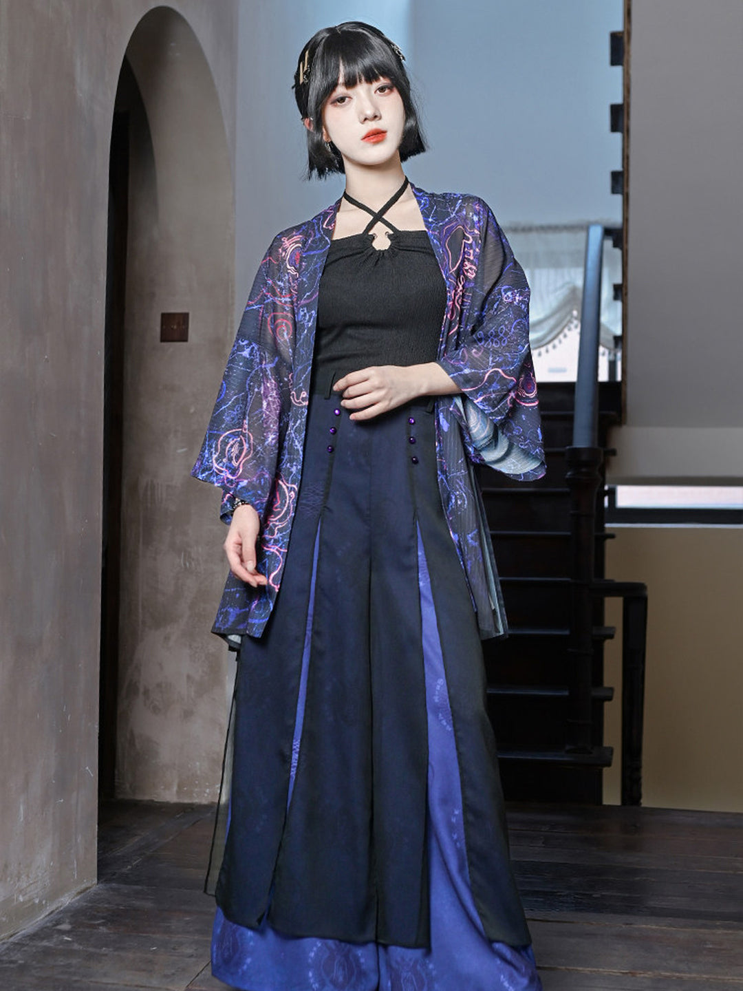 Hanfu-Inspired Printed Chiffon Cardigan
