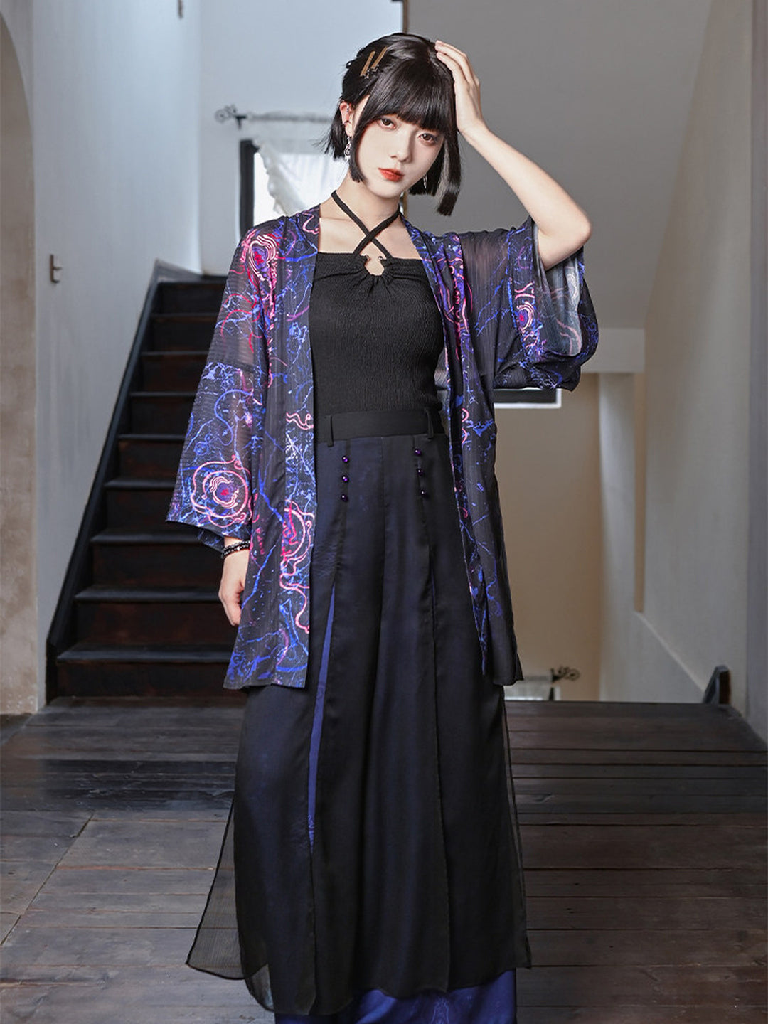 Hanfu-Inspired Printed Chiffon Cardigan