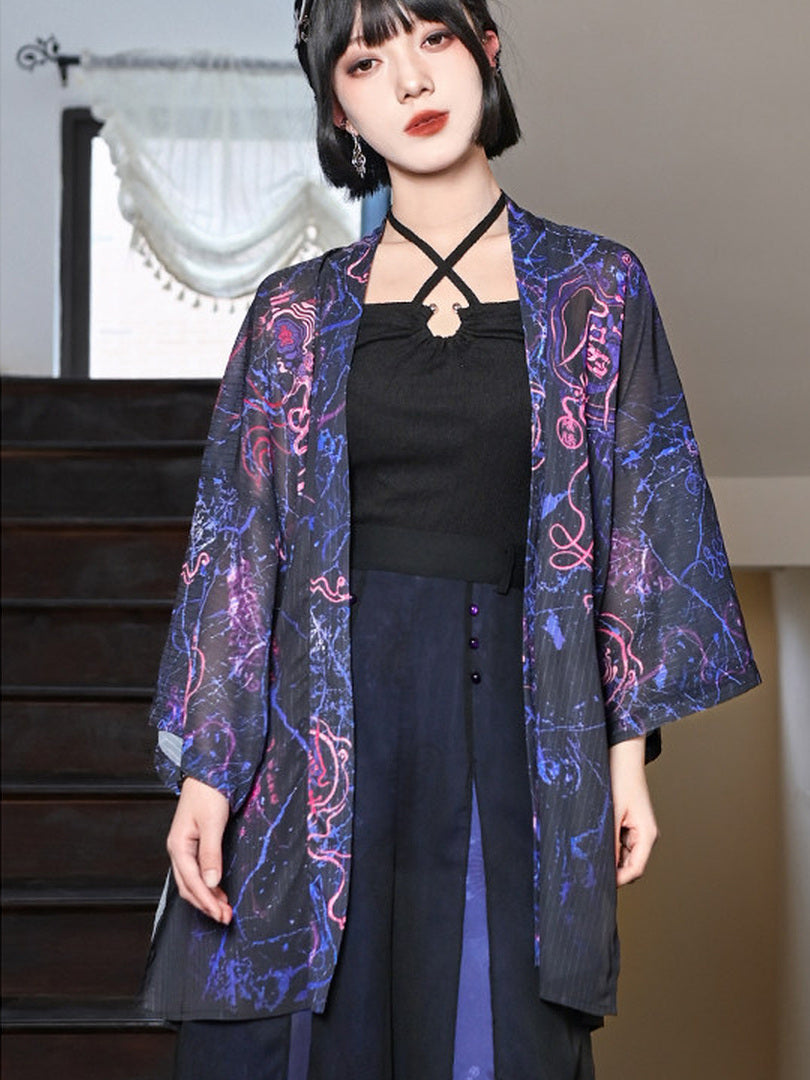 Hanfu-Inspired Printed Chiffon Cardigan