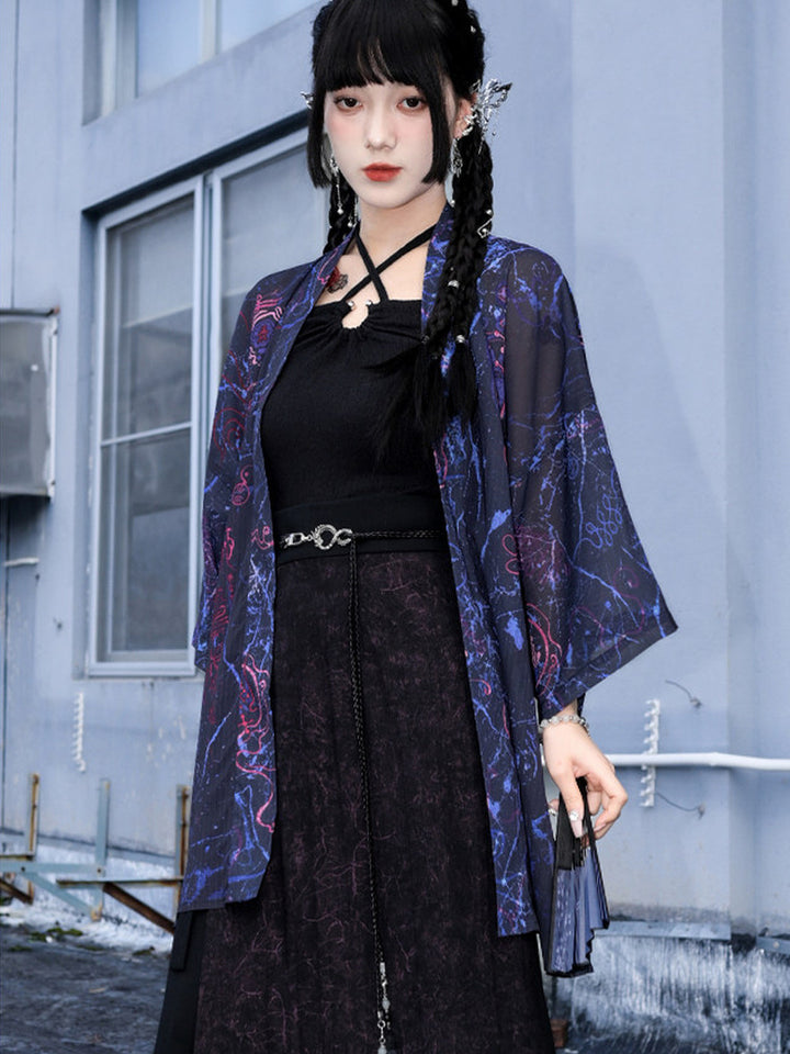 Hanfu-Inspired Printed Chiffon Cardigan