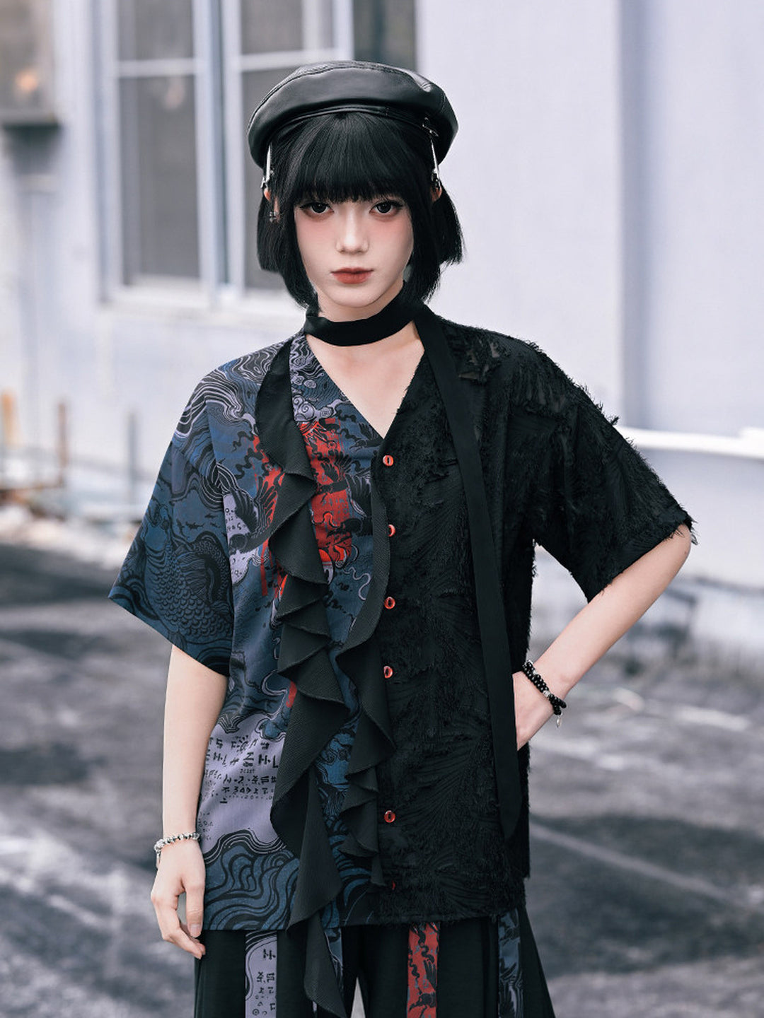 Chinese-Inspired Asymmetric Ruffle Shirt