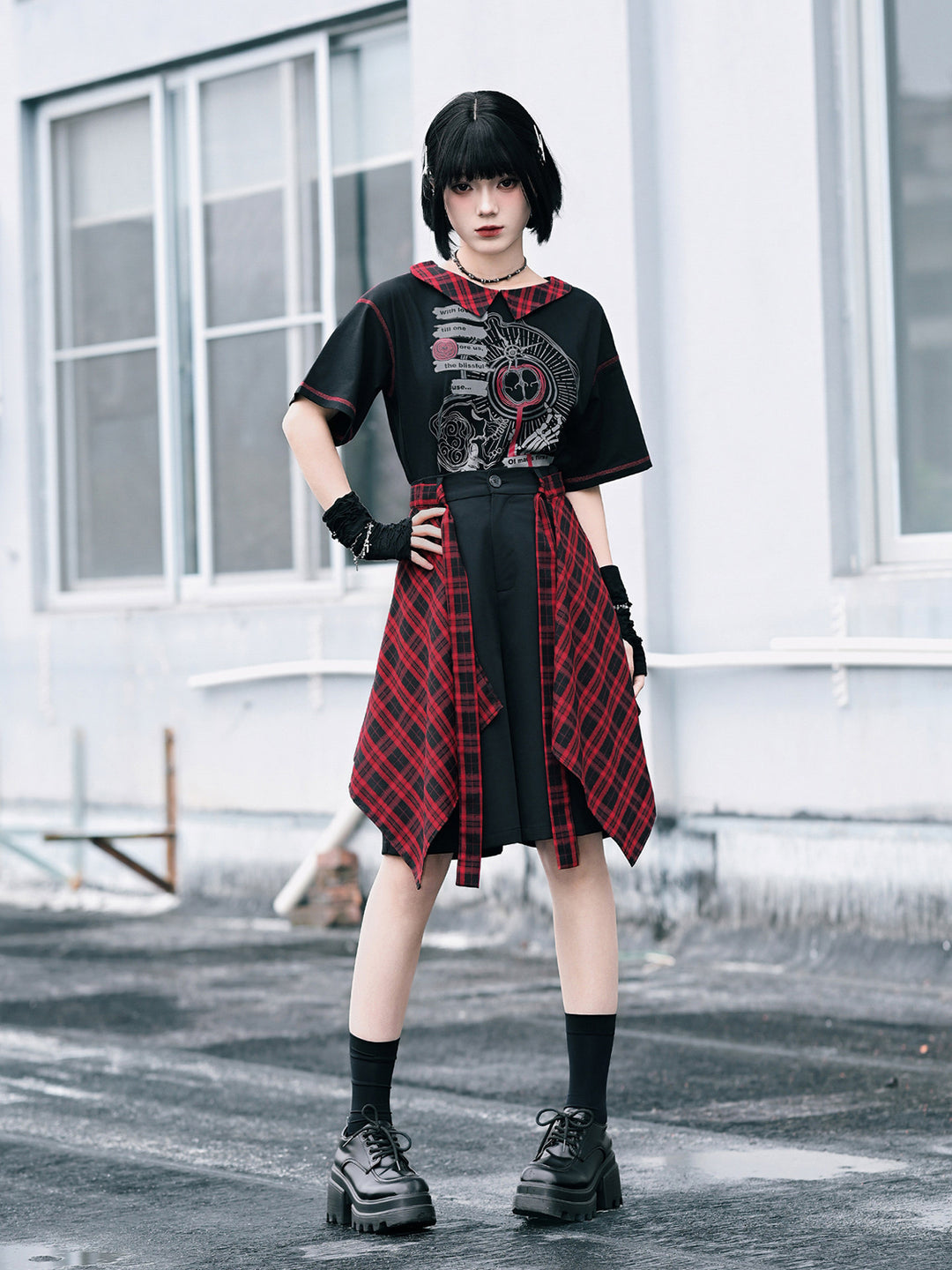 Detachable Plaid Apron Overlay Shorts