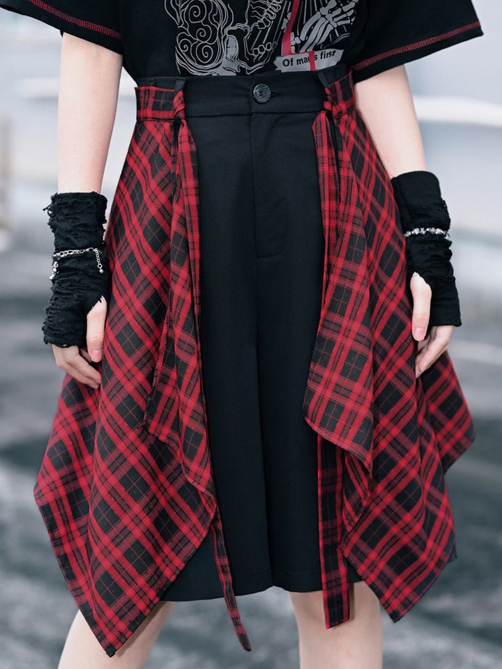 Detachable Plaid Apron Overlay Shorts