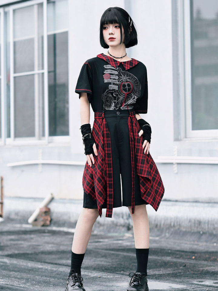 Detachable Plaid Apron Overlay Shorts