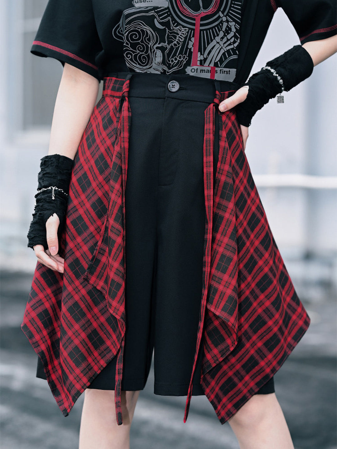 Detachable Plaid Apron Overlay Shorts