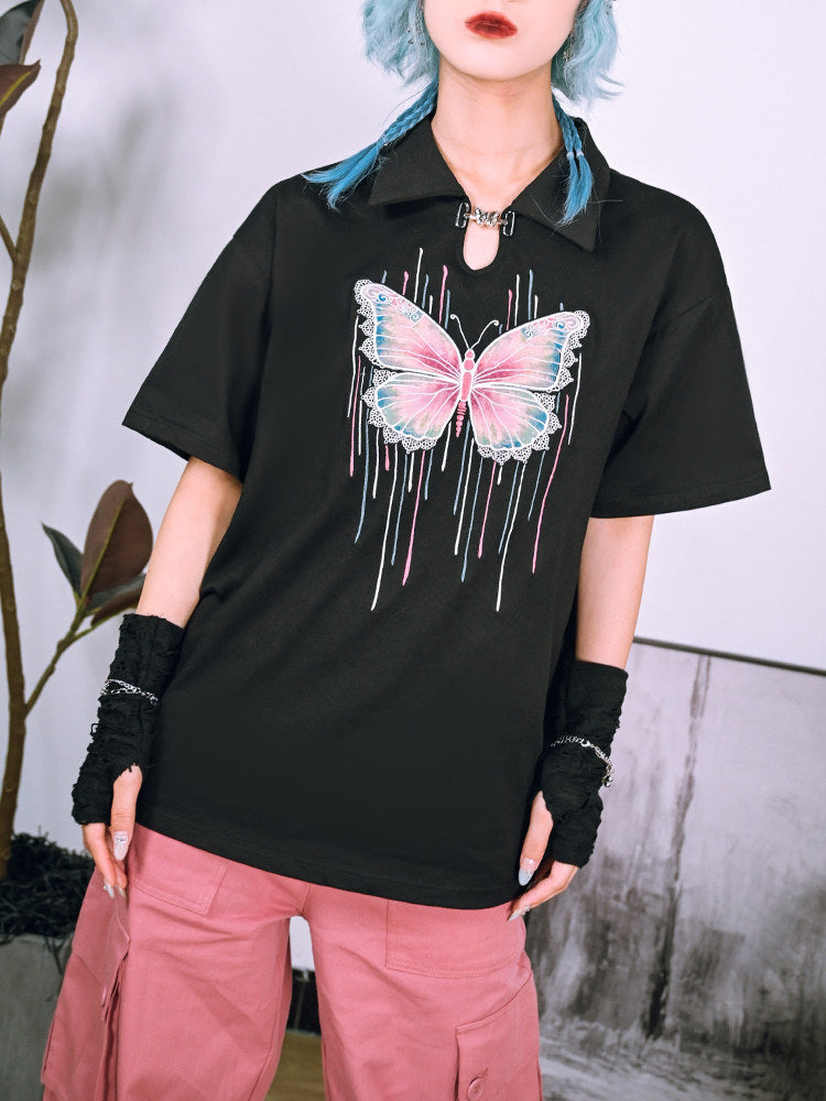 Butterfly Embroidered Keyhole Polo T-Shirt