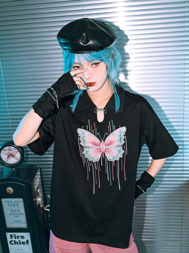 Butterfly Embroidered Keyhole Polo T-Shirt