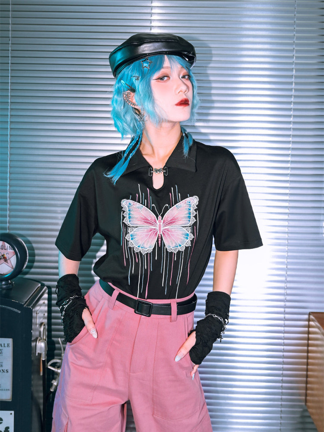 Butterfly Embroidered Keyhole Polo T-Shirt