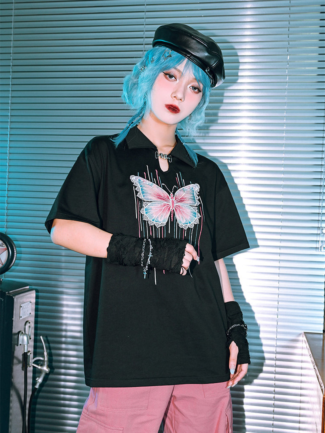 Butterfly Embroidered Keyhole Polo T-Shirt