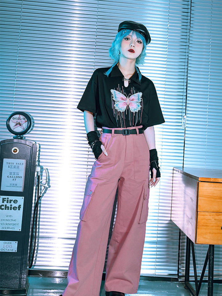 Butterfly Embroidered Keyhole Polo T-Shirt