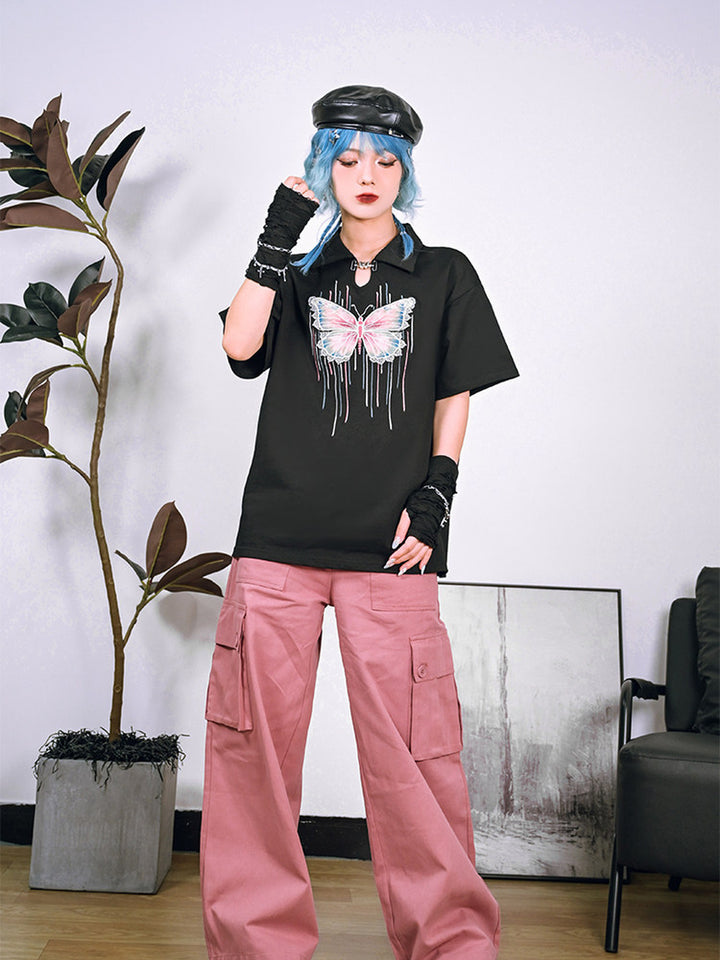 Butterfly Embroidered Keyhole Polo T-Shirt