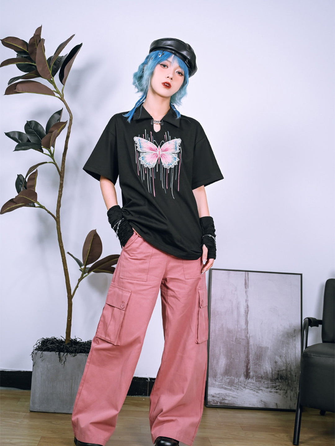 Butterfly Embroidered Keyhole Polo T-Shirt