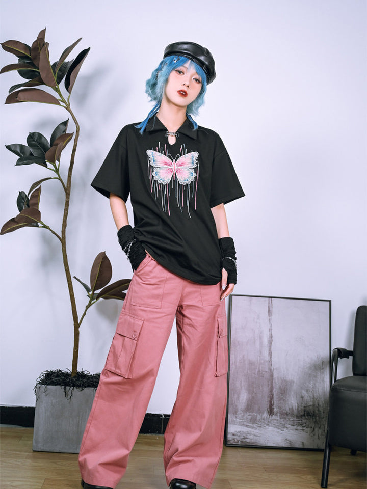 Butterfly Embroidered Keyhole Polo T-Shirt