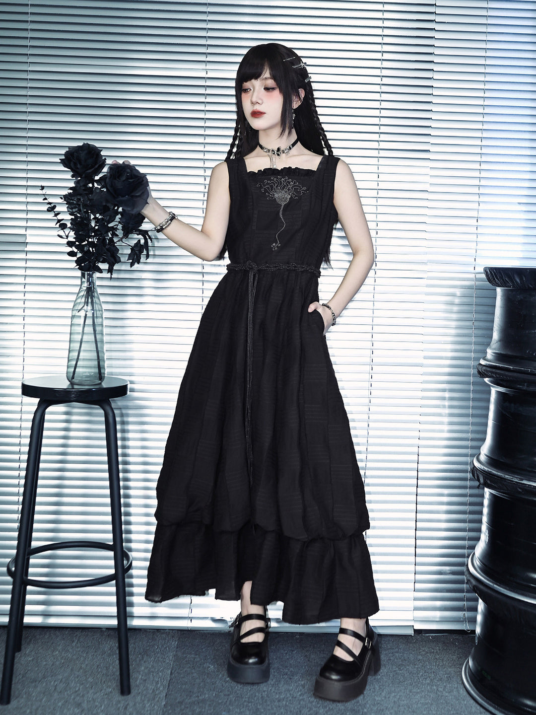 Sea Lily Embroidered Bubble Hem Maxi Dress