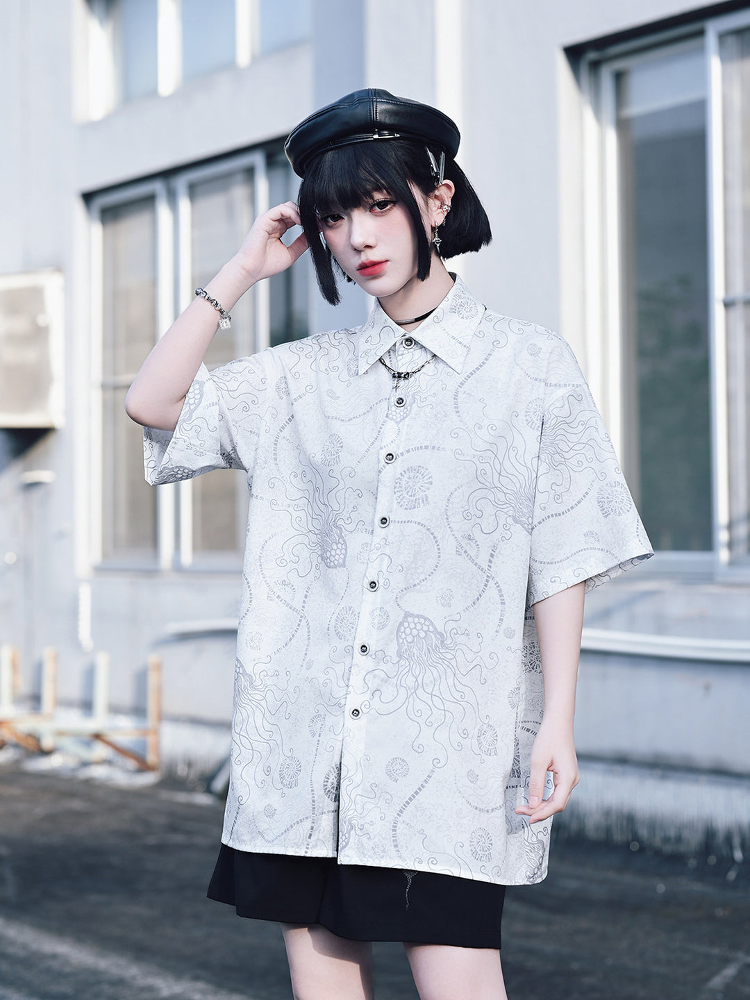 Sea Lily Print Oversized Short Sleeve Shirt
