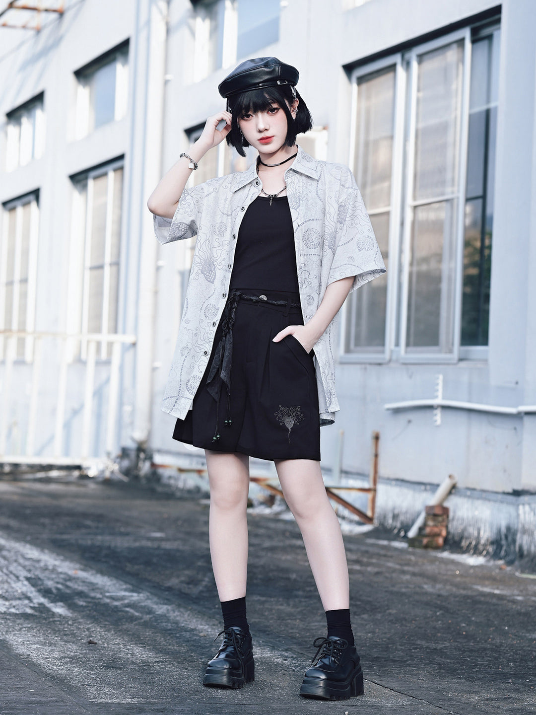 Sea Lily Print Oversized Short Sleeve Shirt