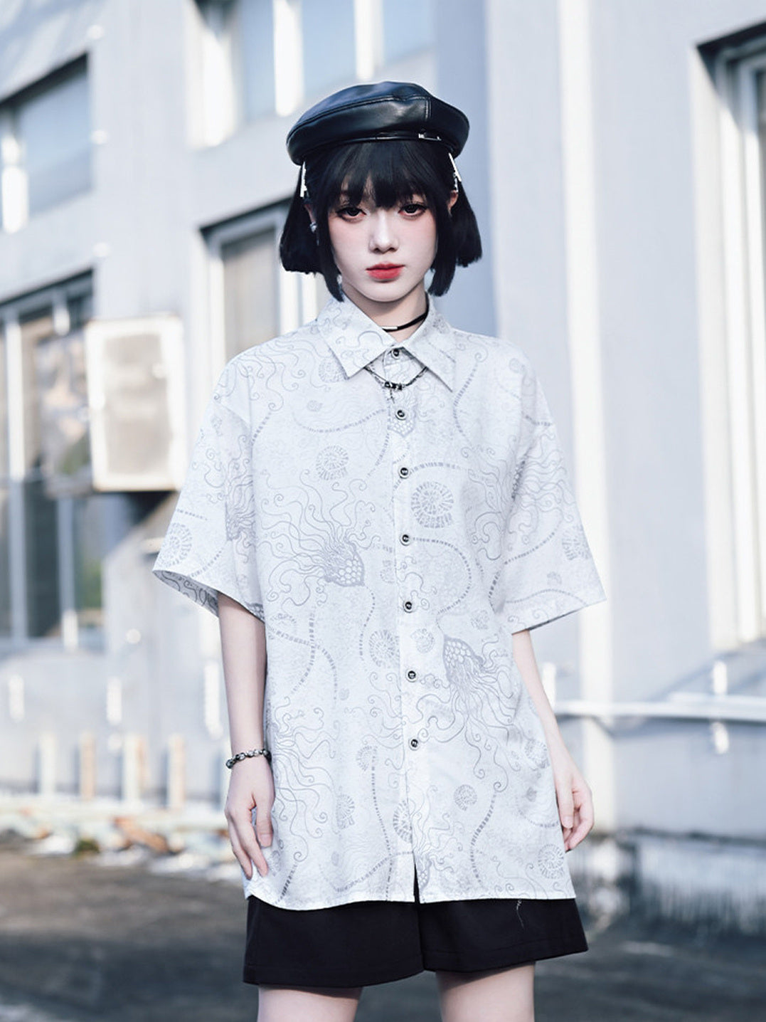 Sea Lily Print Oversized Short Sleeve Shirt