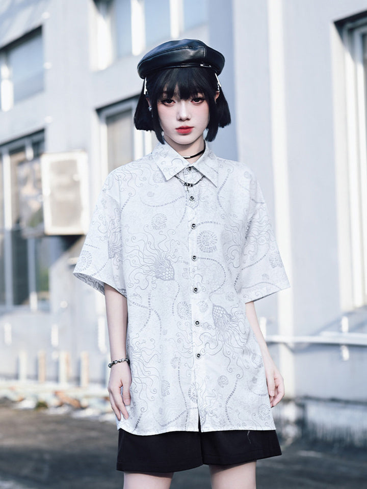 Sea Lily Print Oversized Short Sleeve Shirt