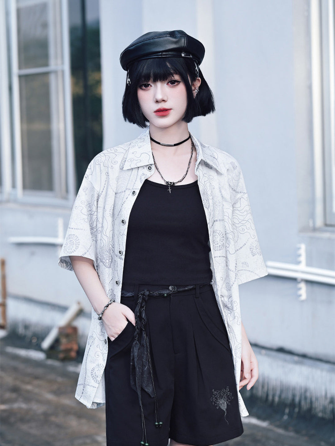 Sea Lily Print Oversized Short Sleeve Shirt