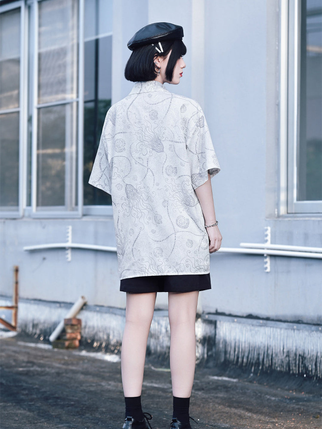 Sea Lily Print Oversized Short Sleeve Shirt
