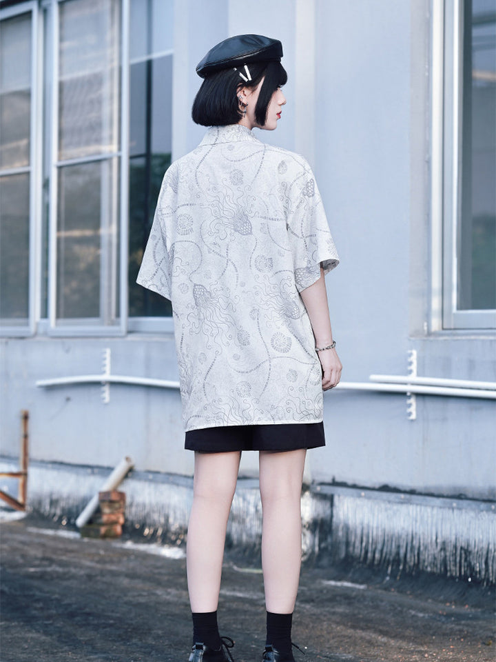 Sea Lily Print Oversized Short Sleeve Shirt