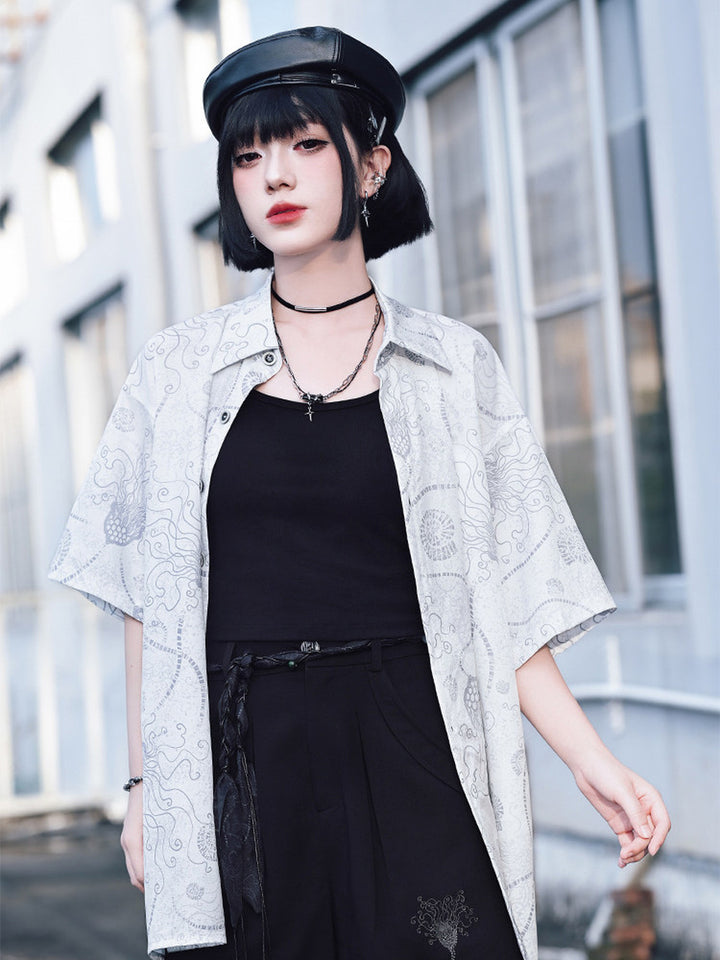 Sea Lily Print Oversized Short Sleeve Shirt