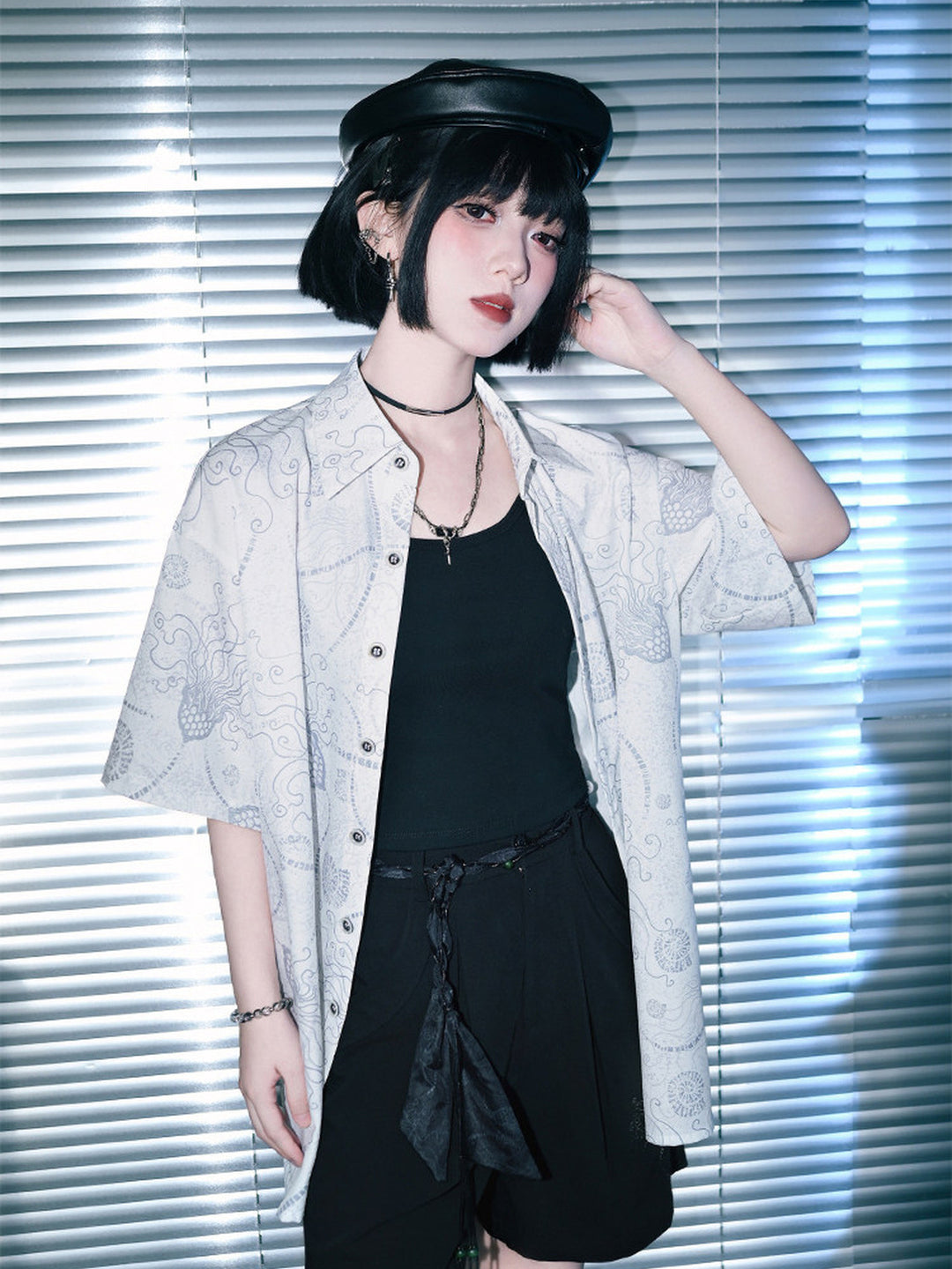 Sea Lily Print Oversized Short Sleeve Shirt