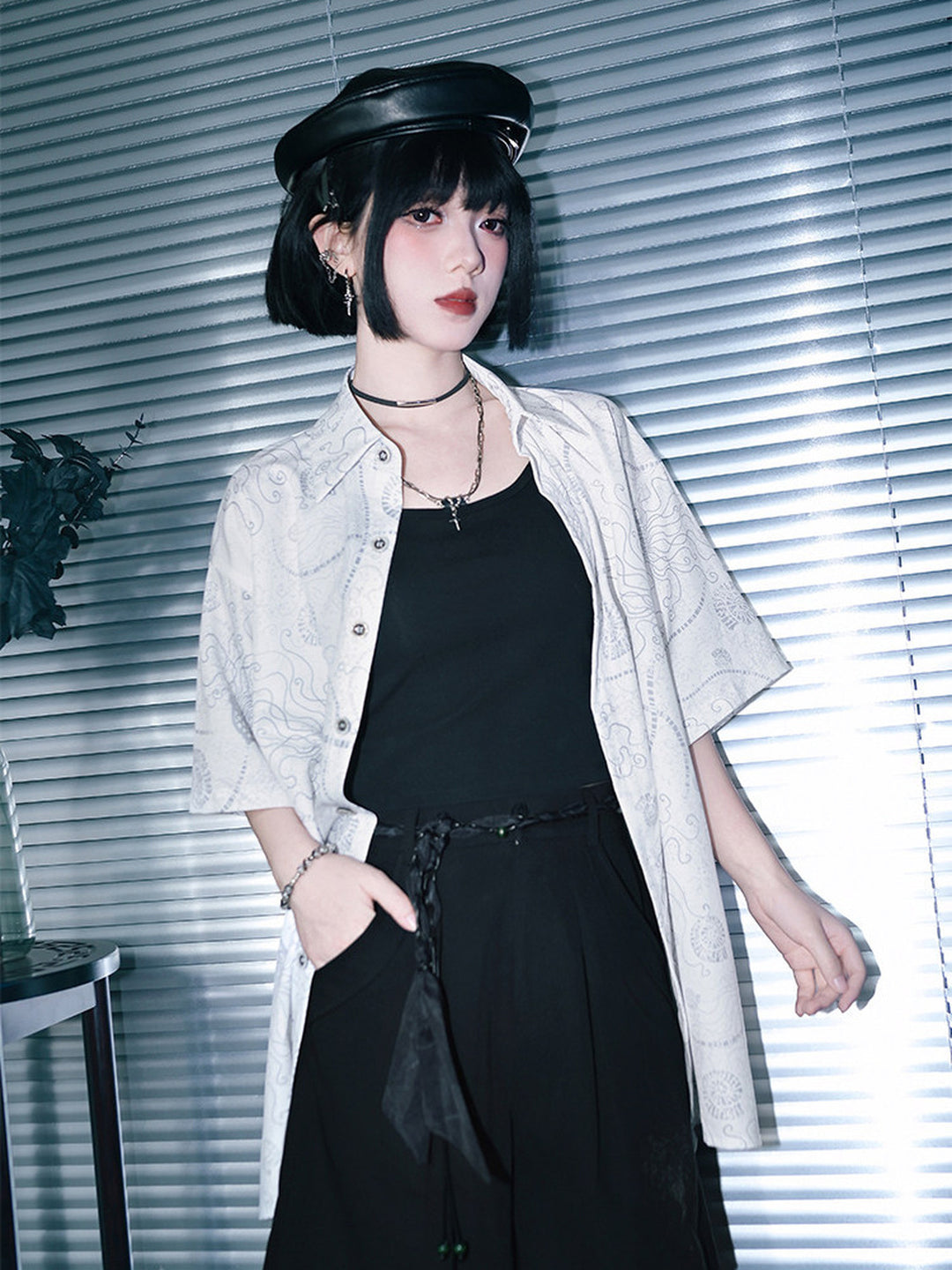 Sea Lily Print Oversized Short Sleeve Shirt