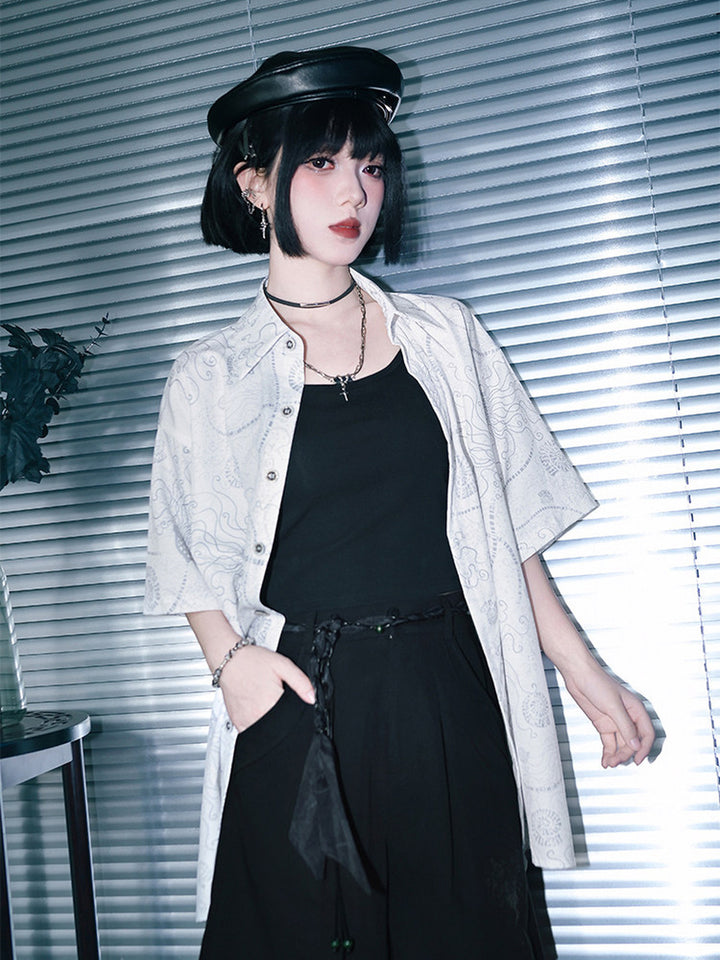 Sea Lily Print Oversized Short Sleeve Shirt