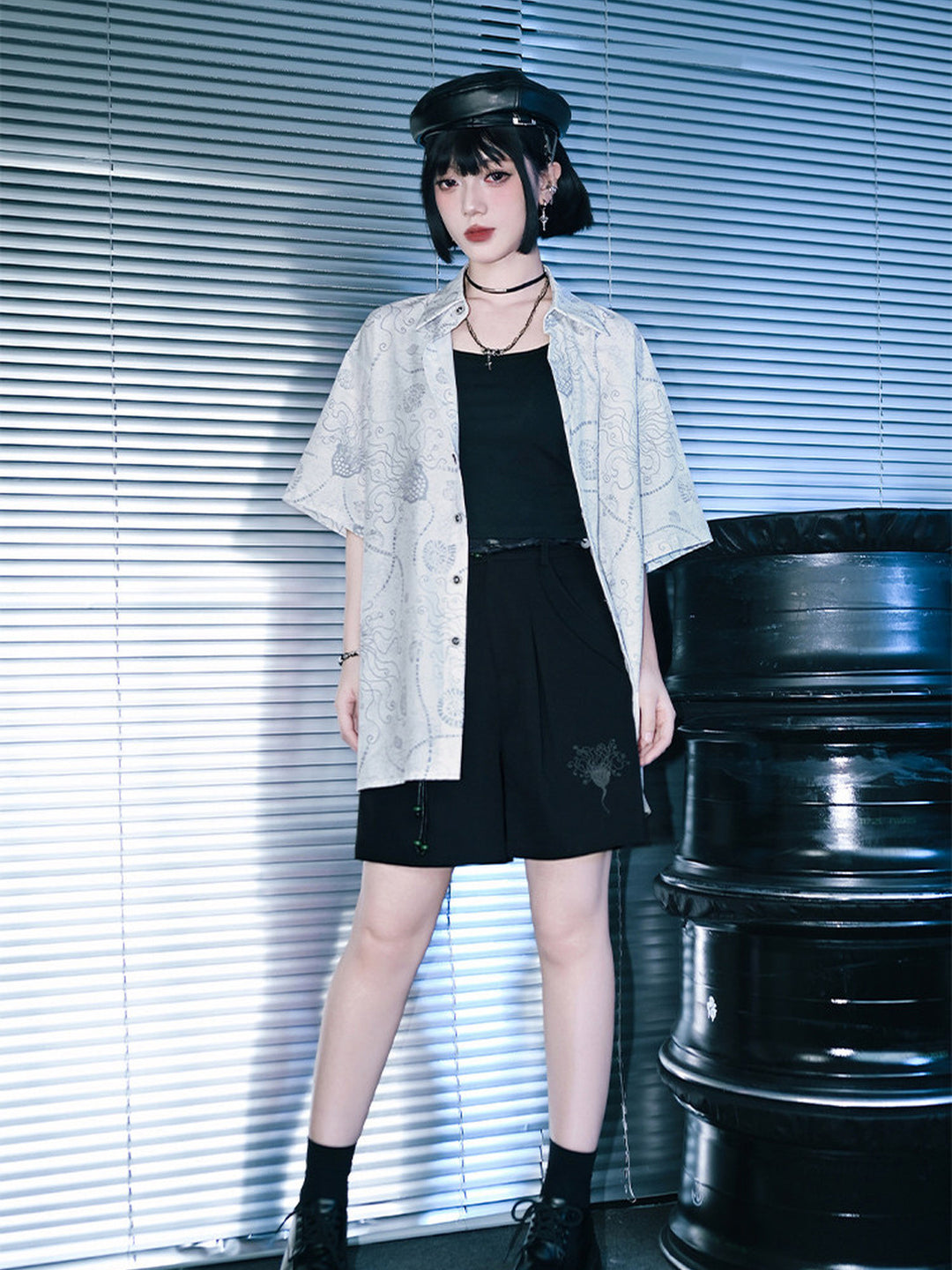 Sea Lily Print Oversized Short Sleeve Shirt