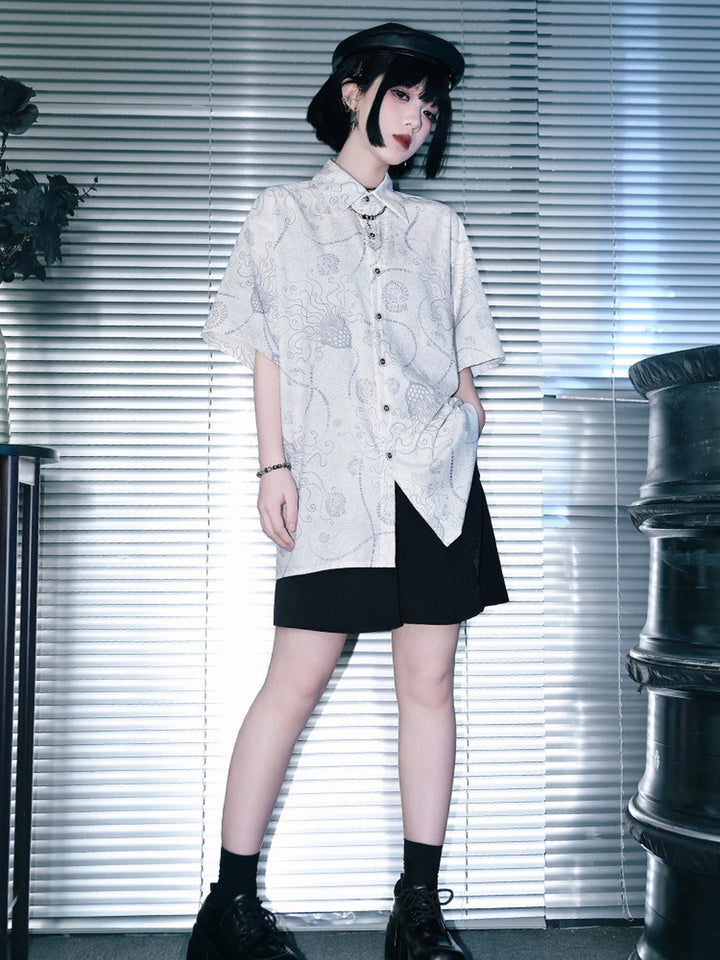Sea Lily Print Oversized Short Sleeve Shirt