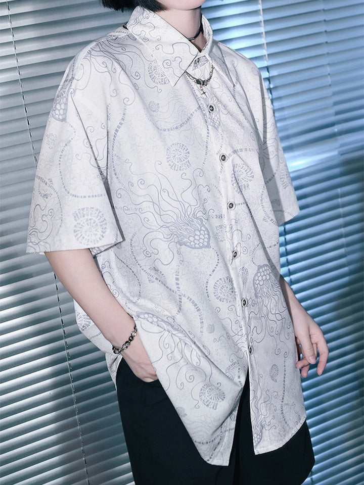 Sea Lily Print Oversized Short Sleeve Shirt